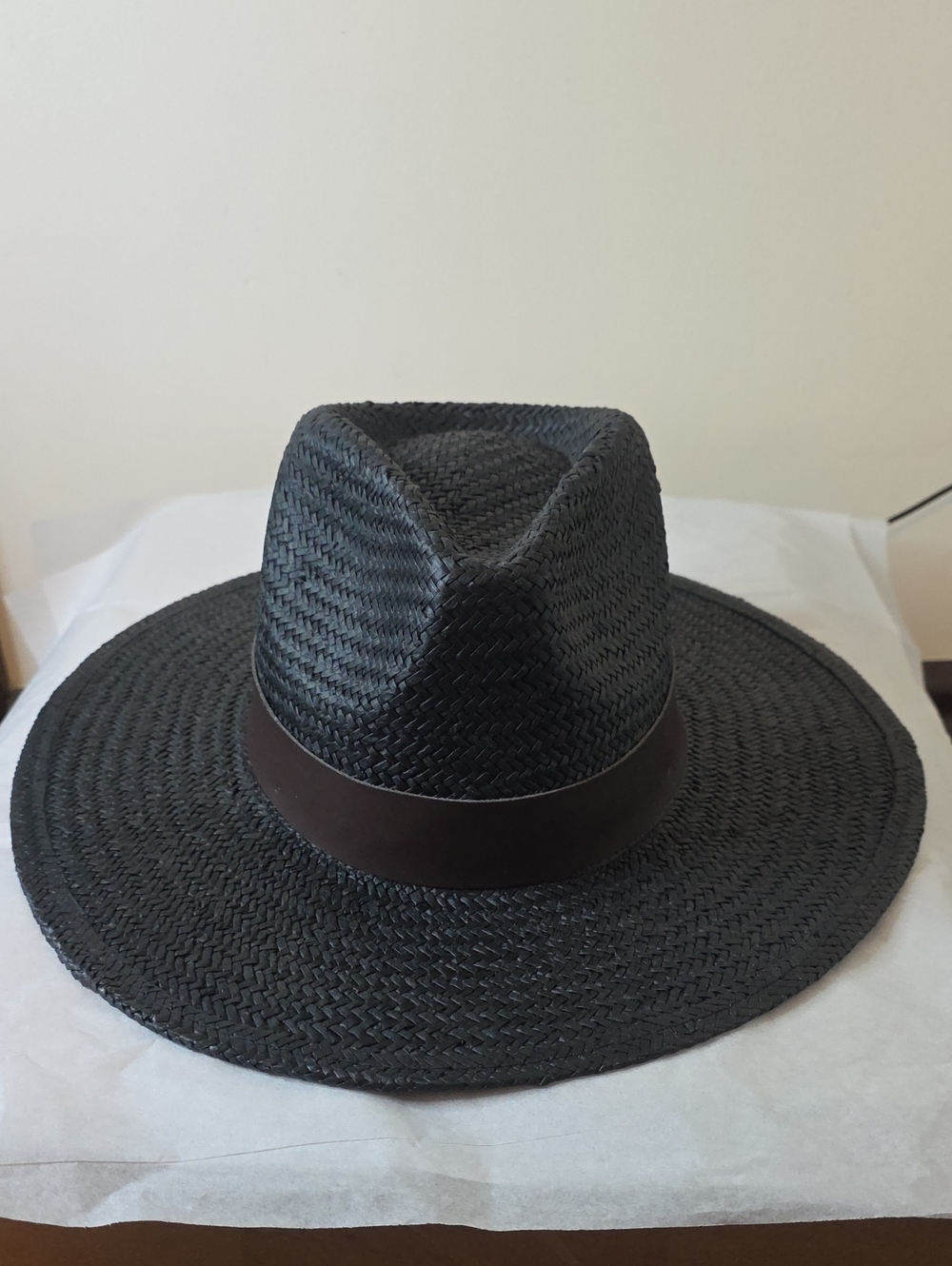 Women's Black Straw Fedora Hat with Brown Band
